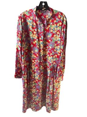 Deborah Lyons Dionne Red Floral Midi Dress Button Front A-Line NWOT